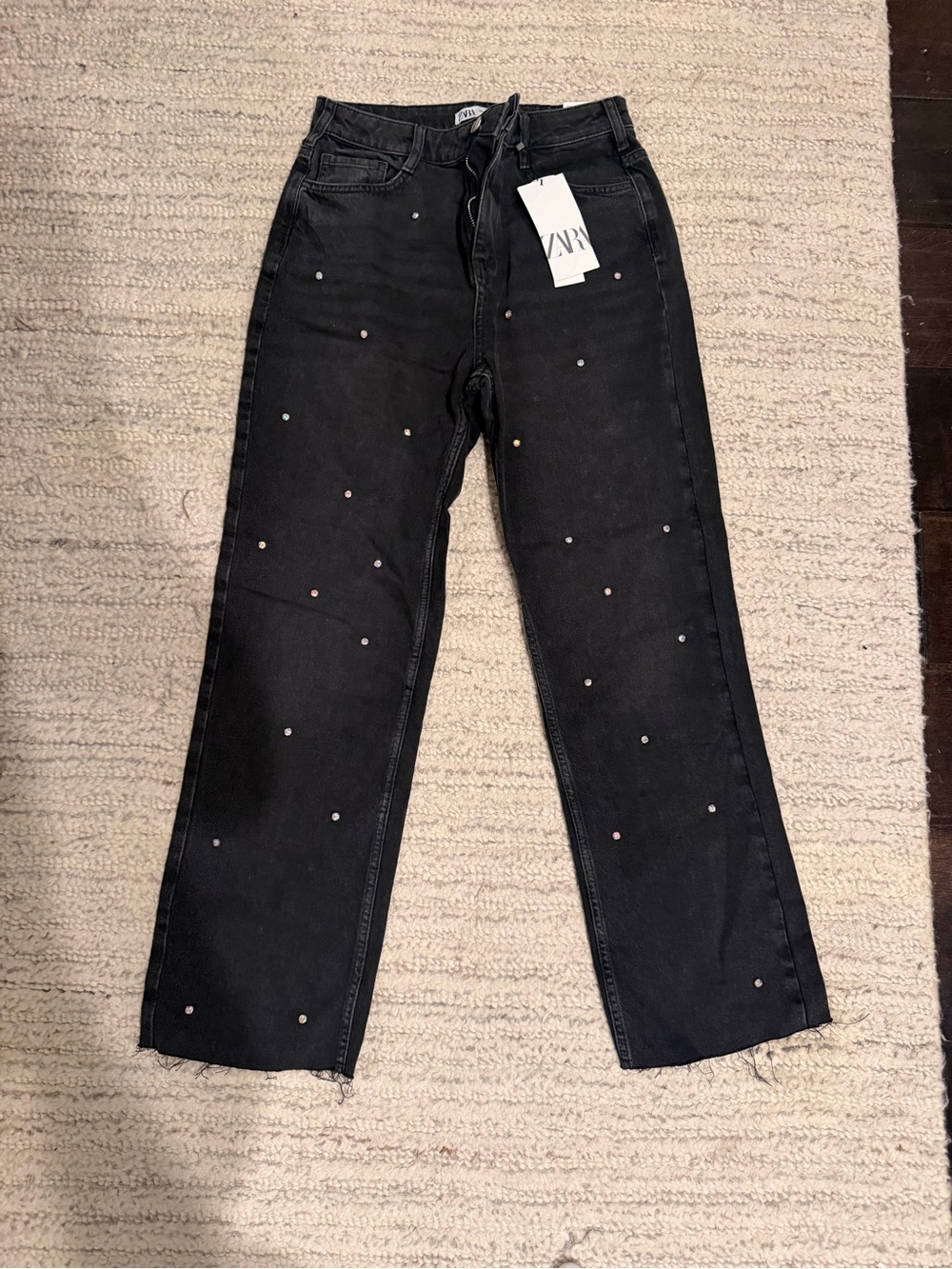 Zara Rhinestone Straight Fit High Rise Ankle Jeans Black NWT, size 6, eur 38